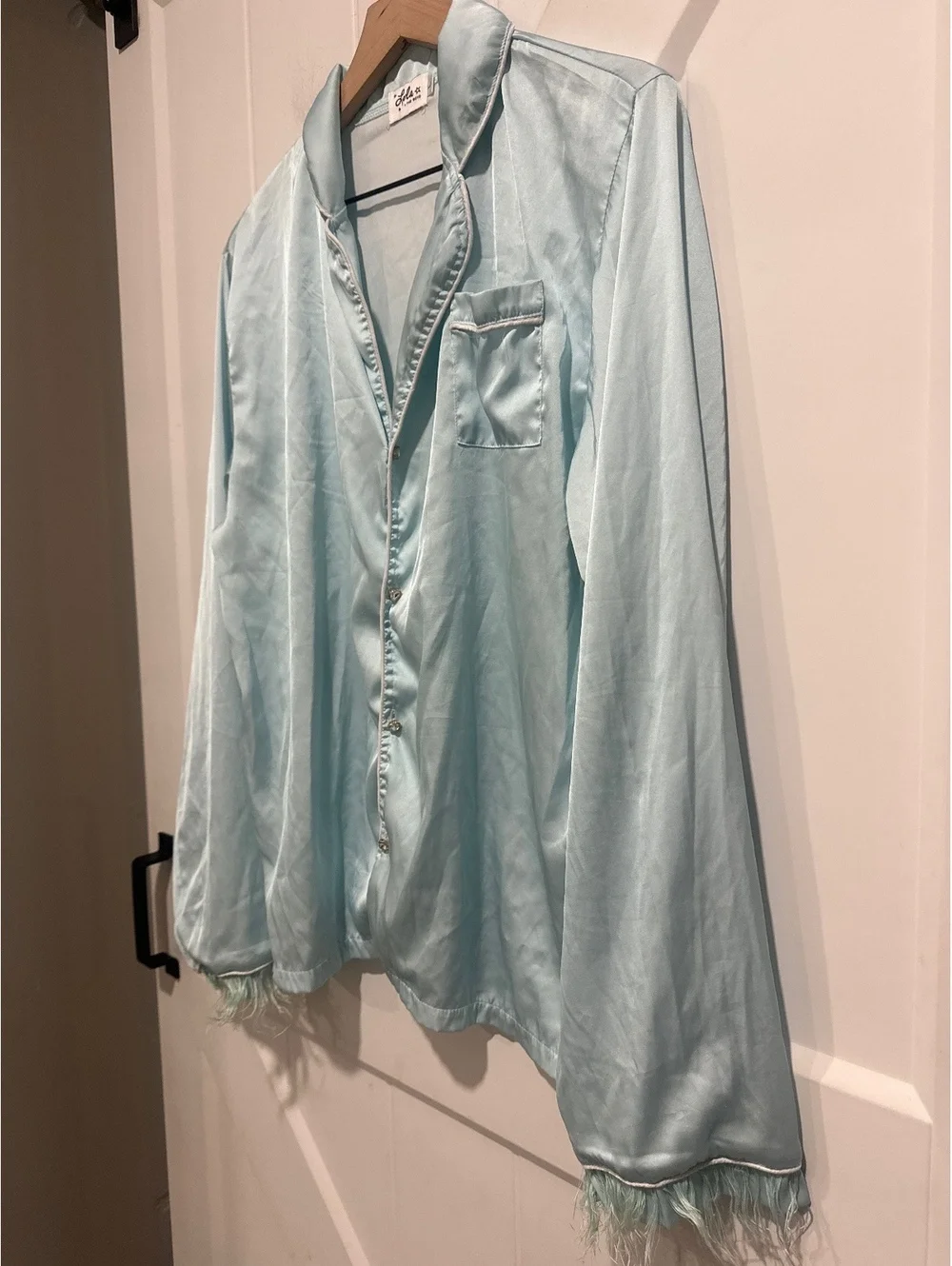 Lola + The Boys Sky Feather Silky Set in Light Blue with Faux Feather Trim, L